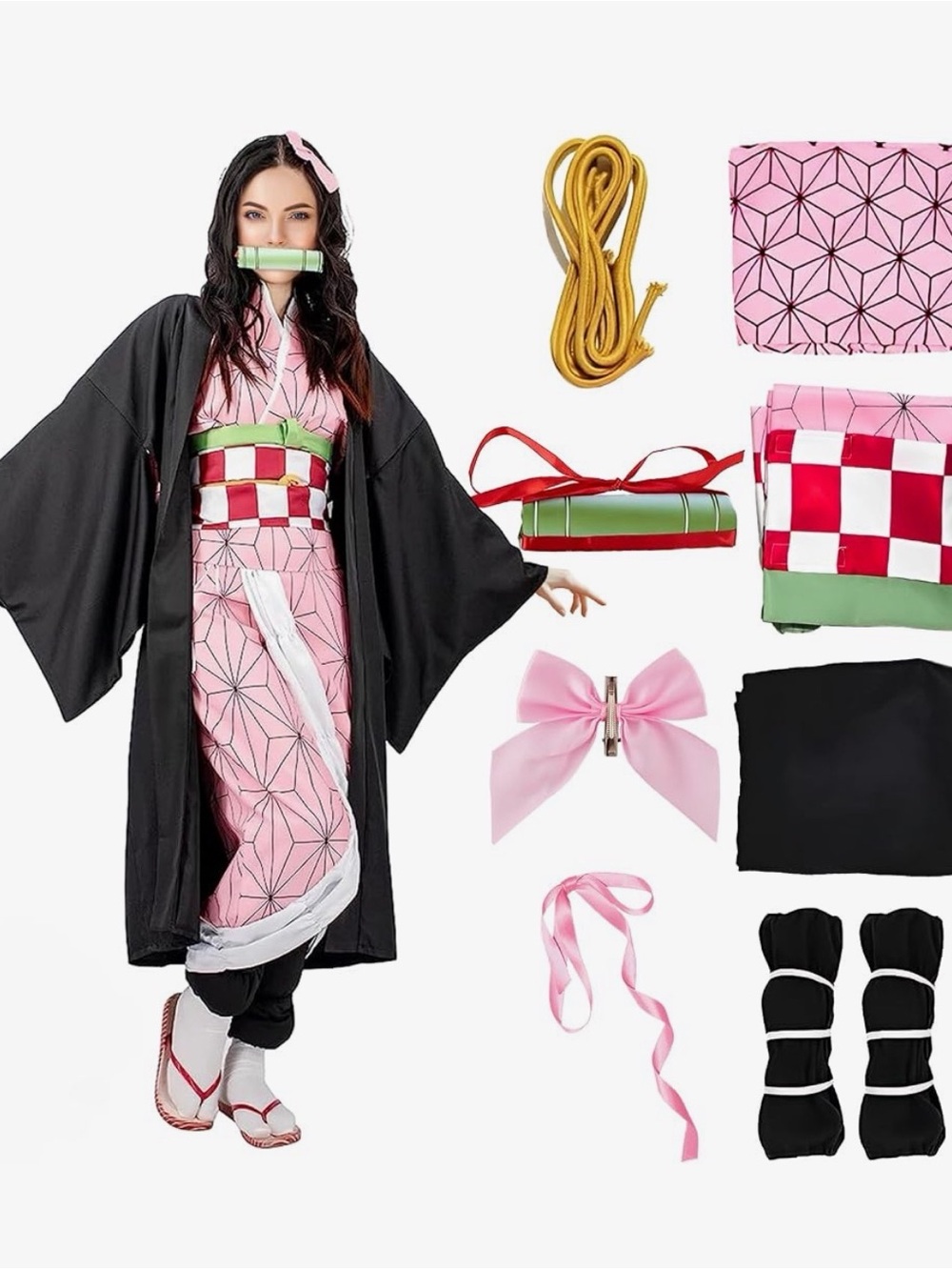 Pink Demon Slayer Inspired Cosplay Kimono Set with Black Haori and Accessories